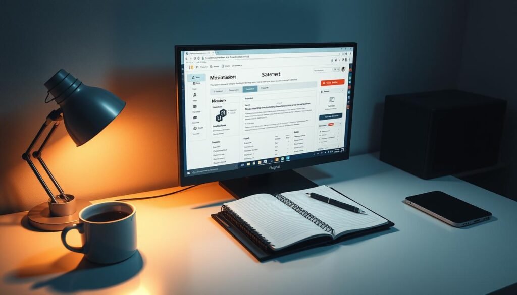 A serene, minimalist workspace with a desktop computer, a notebook, and a cup of coffee. The screen displays a VPN dashboard, showcasing a clear mission statement and the scope of the VPN setup. Soft, directional lighting casts a warm glow, creating a focused and productive atmosphere. The camera angle is slightly elevated, capturing the workspace from an elevated, bird's-eye perspective, emphasizing the importance of planning and preparation before hardening the VPN. The overall scene conveys a sense of purpose, diligence, and attention to detail, reflecting the subject of the article.
