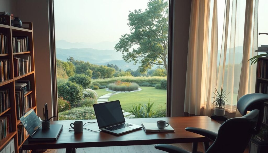 A serene, well-equipped home office overlooking a lush, verdant landscape. Soft, diffused lighting filters through large windows, casting a warm, inviting glow. A sturdy, ergonomic desk sits in the foreground, neatly organized with a laptop, notebook, and a cup of steaming coffee. Bookshelves line the walls, filled with references on cybersecurity and programming. In the middle ground, a floor-to-ceiling window offers a panoramic view of a tranquil garden, with vibrant greenery, flowering plants, and a winding path leading to a secluded seating area. The background features distant rolling hills, hazy in the soft, natural light, creating a sense of peaceful isolation and focus. A serene, well-equipped home office overlooking a lush, verdant landscape. Soft, diffused lighting filters through large windows, casting a warm, inviting glow. A sturdy, ergonomic desk sits in the foreground, neatly organized with a laptop, notebook, and a cup of steaming coffee. Bookshelves line the walls, filled with references on cybersecurity and programming. In the middle ground, a floor-to-ceiling window offers a panoramic view of a tranquil garden, with vibrant greenery, flowering plants, and a winding path leading to a secluded seating area. The background features distant rolling hills, hazy in the soft, natural light, creating a sense of peaceful isolation and focus.