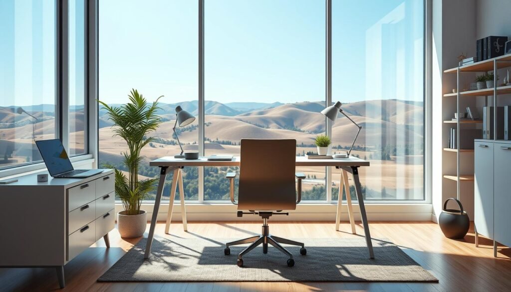 A serene, well-lit office environment with a minimalist desk setup, featuring a sleek laptop, a stylish lamp, and a potted plant. The middle ground showcases an ergonomic office chair in a neutral tone, complemented by a cozy area rug. In the background, large windows allow natural light to flood the space, revealing a tranquil outdoor landscape with rolling hills and a clear, blue sky. The overall atmosphere conveys a sense of productivity, focus, and balance - an ideal setting for a beginner's exploration of essential hacking tools within a safe workflow.