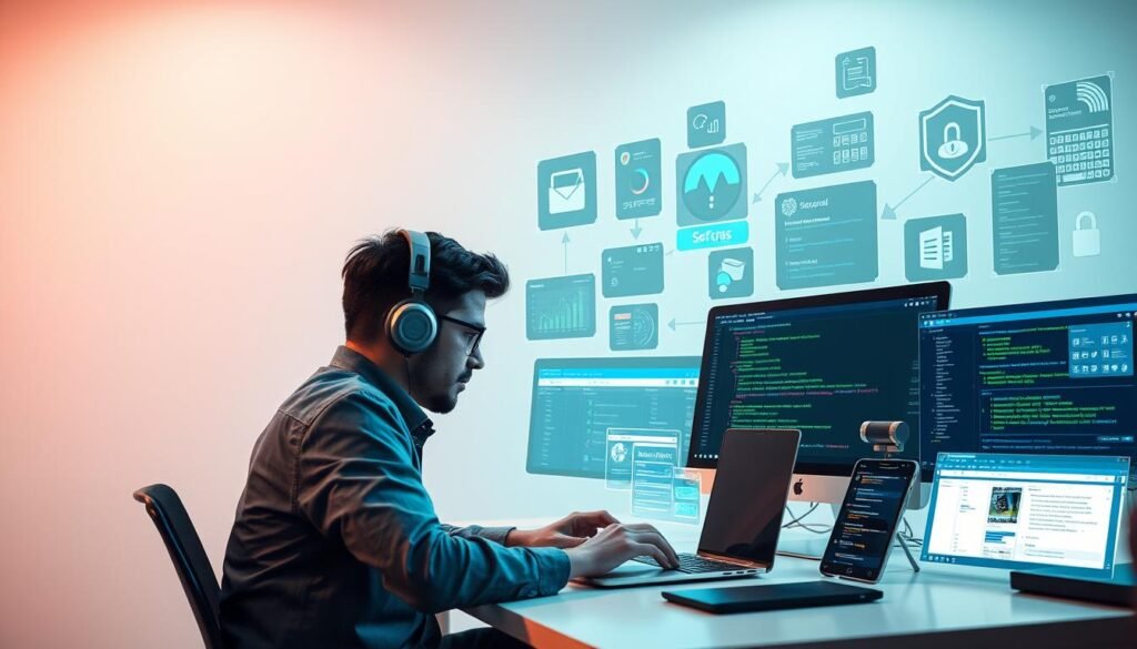 A serene, well-lit office setting with a desk and a laptop computer. In the foreground, a security expert is intently focused on the laptop screen, analyzing data and tools to detect and remove malware. The middle ground features various cybersecurity software applications and utilities, their interfaces prominently displayed. The background showcases a clean, professional atmosphere with minimal distractions, emphasizing the importance of the task at hand. The scene conveys a sense of determination and expertise in addressing the website's security breach.