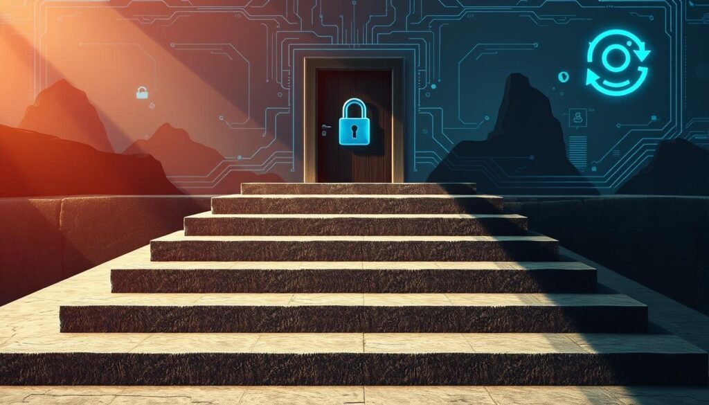 A series of secure steps leading to a sturdy, locked door, symbolizing the process of safeguarding an Instagram account. The steps are made of solid stone, casting long shadows in dramatic lighting. In the background, a digital landscape with a stylized Instagram logo and subtle security icons creates a sense of digital security. The composition is balanced, with the steps drawing the eye towards the focal point of the locked door. The overall mood is one of safety, protection, and a well-thought-out approach to account security.