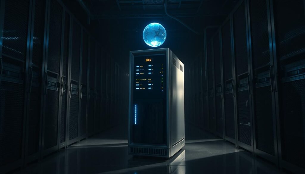 A server rack stands in a dimly lit data center, its metal chassis casting long shadows across the floor. The NFS server, a sleek tower of polished aluminum, stands at the center, its blinking lights and vents suggesting an intricate internal architecture. The server's buffer, represented by a glowing blue orb, hovers above the chassis, pulsing with energy. The scene is tense, with a sense of vulnerability and the potential for a catastrophic breach. The lighting is dramatic, creating a sense of foreboding and the need for careful analysis and security measures.