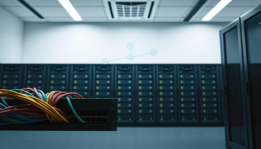 A server room with a clean, minimalist aesthetic. In the foreground, a network switch with colored cables fanning out, symbolizing network segmentation. The middle ground features a series of server racks, each partitioned by invisible virtual boundaries, representing isolated network segments. The background depicts a simplified network topology diagram, with node icons and interconnecting lines, conveying the overall network structure. Soft, directional lighting accentuates the streamlined, technical nature of the scene, while a neutral color palette and subtle shadows create a sense of depth and balance. The image should convey the practical implementation of network segmentation, its logical organization, and the secure separation of network traffic.