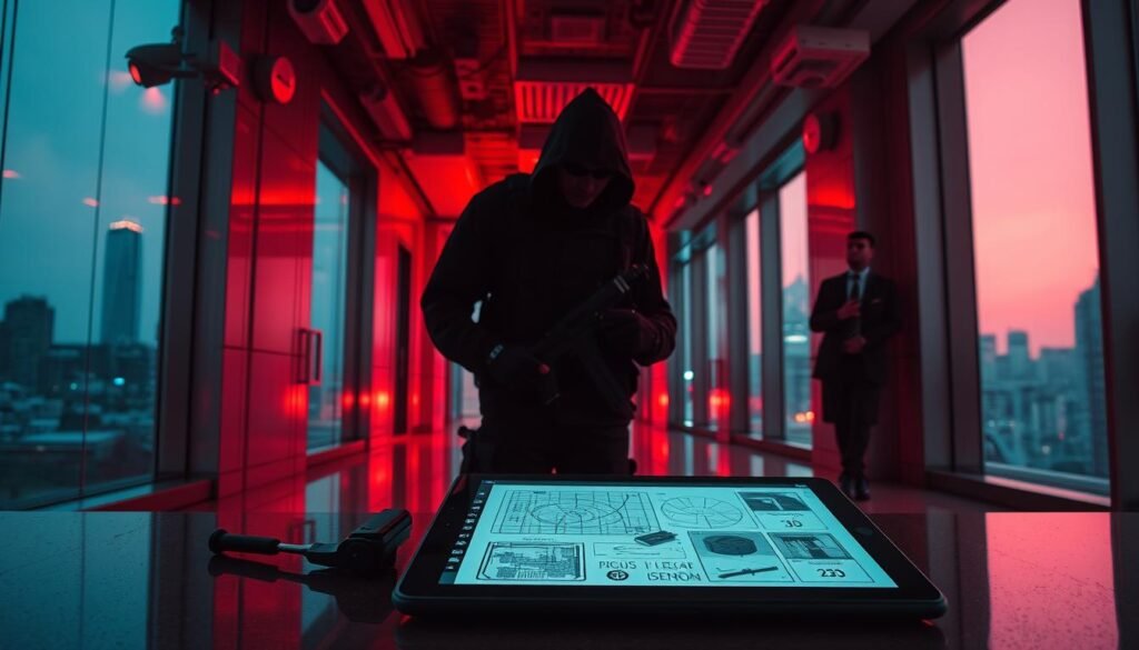 A shadowy figure, clad in tactical gear, carefully navigates a dimly lit corporate lobby. Surveillance cameras and motion sensors watch their every move, as they assess the physical security vulnerabilities. The scene is bathed in a haunting red glow, creating an ominous atmosphere. In the foreground, a sleek tablet displays schematics and access points, while discreet tools lie nearby, ready for deployment. The middle ground reveals a security guard, oblivious to the ongoing evaluation. Through the windows, the city skyline looms, a testament to the high-stakes nature of this physical red team assessment. The image conveys the gravity of testing real-world security measures, where the smallest oversight can have dire consequences.