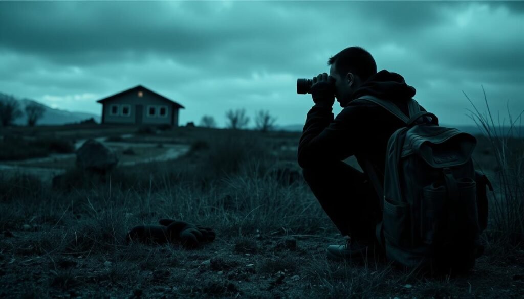 A shadowy figure crouched low, peering through high-powered binoculars at a nondescript building in the distance. The scene is bathed in a cool, overcast light that casts long, dramatic shadows across the landscape. In the foreground, a tactical backpack and gloves sit on the ground, hinting at the covert nature of the reconnaissance mission. The composition is tightly framed, emphasizing the intensity and focus of the subject's gaze as they gather vital intelligence about the target. The mood is one of stealth, alertness, and a sense of unseen danger lurking just out of frame.