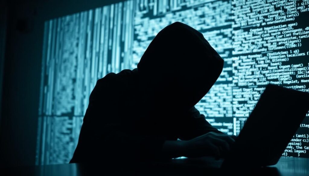 A shadowy figure hunched over a laptop, their face obscured, fingers rapidly typing. In the background, a maze of digital code cascades, casting an eerie glow. The scene is lit by the cool, harsh light of a computer screen, creating dramatic shadows and highlights. The atmosphere is tense, with a sense of impending danger and the potential for widespread disruption. The composition suggests the stealthy, calculated nature of a cyberattack, like the Olympic Destroyer malware that threatened to derail the games. A shadowy figure hunched over a laptop, their face obscured, fingers rapidly typing. In the background, a maze of digital code cascades, casting an eerie glow. The scene is lit by the cool, harsh light of a computer screen, creating dramatic shadows and highlights. The atmosphere is tense, with a sense of impending danger and the potential for widespread disruption. The composition suggests the stealthy, calculated nature of a cyberattack, like the Olympic Destroyer malware that threatened to derail the games.