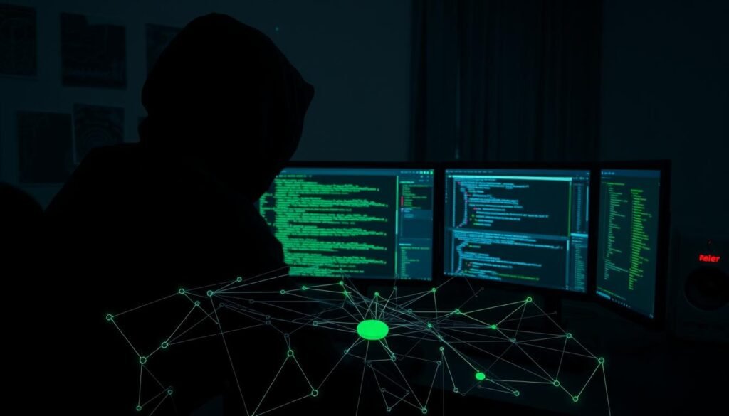 A shadowy figure in a dark hoodie sits at a sleek workstation, lines of code flashing across multiple screens. In the foreground, a network diagram unfolds, revealing the intricate connections of a complex IT infrastructure. Behind, a trio of monitors display various hacking tools, their interfaces bathed in an eerie green glow. The atmosphere is tense, with a sense of focus and intensity, as the penetration tester methodically probes the system, seeking vulnerabilities to expose and secure. Dramatic lighting casts dramatic shadows, creating a cinematic, high-stakes mood. The scene conveys the technical rigor and strategic thinking required to conduct effective penetration testing, with the ultimate goal of strengthening an organization's cybersecurity posture.
