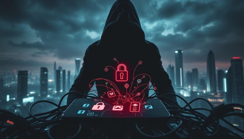 A shadowy figure looming over a digital landscape, casting an ominous presence. In the foreground, a smartphone screen displaying various data security threat icons - a lock being hacked, a virus symbol, and a suspicious-looking app. The middle ground features a tangle of wires and circuit boards, symbolizing the complex infrastructure vulnerable to cyber attacks. The background is a dimly lit, futuristic cityscape, with skyscrapers and ominous clouds, emphasizing the scale and pervasiveness of data security threats. The lighting is moody and dramatic, creating a sense of tension and unease. Shot with a wide-angle lens to capture the breadth of the scene, the image conveys the gravity and ubiquity of data security threats in the modern digital age. A shadowy figure looming over a digital landscape, casting an ominous presence. In the foreground, a smartphone screen displaying various data security threat icons - a lock being hacked, a virus symbol, and a suspicious-looking app. The middle ground features a tangle of wires and circuit boards, symbolizing the complex infrastructure vulnerable to cyber attacks. The background is a dimly lit, futuristic cityscape, with skyscrapers and ominous clouds, emphasizing the scale and pervasiveness of data security threats. The lighting is moody and dramatic, creating a sense of tension and unease. Shot with a wide-angle lens to capture the breadth of the scene, the image conveys the gravity and ubiquity of data security threats in the modern digital age.