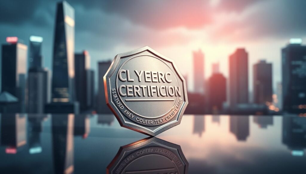A shimmering cybersecurity certification badge, rendered in high-detail with a metallic, three-dimensional finish. The badge is positioned in the foreground, casting a subtle reflection on a sleek, reflective surface. The background features a blurred cityscape of skyscrapers and tech infrastructure, conveying a sense of the digital landscape in which this certification holds value. Dramatic lighting from the left side casts dramatic shadows, emphasizing the certification's authority and significance. The overall mood is one of prestige, professionalism, and the importance of cybersecurity expertise in the modern world.