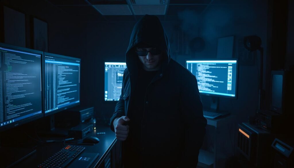A skilled ethical hacker standing in a dimly lit room, their face partially obscured by the glow of multiple computer screens. In the foreground, their hands deftly navigate complex software interfaces, showcasing their penetration testing prowess. The middle ground features various cybersecurity tools and equipment, suggesting the technical depth of their expertise. The background is shrouded in shadows, creating a sense of mystery and the gravity of their work. Dramatic lighting casts dramatic shadows, emphasizing the intensity of the moment. The overall atmosphere is one of focus, determination, and the pursuit of digital security. A skilled ethical hacker standing in a dimly lit room, their face partially obscured by the glow of multiple computer screens. In the foreground, their hands deftly navigate complex software interfaces, showcasing their penetration testing prowess. The middle ground features various cybersecurity tools and equipment, suggesting the technical depth of their expertise. The background is shrouded in shadows, creating a sense of mystery and the gravity of their work. Dramatic lighting casts dramatic shadows, emphasizing the intensity of the moment. The overall atmosphere is one of focus, determination, and the pursuit of digital security.