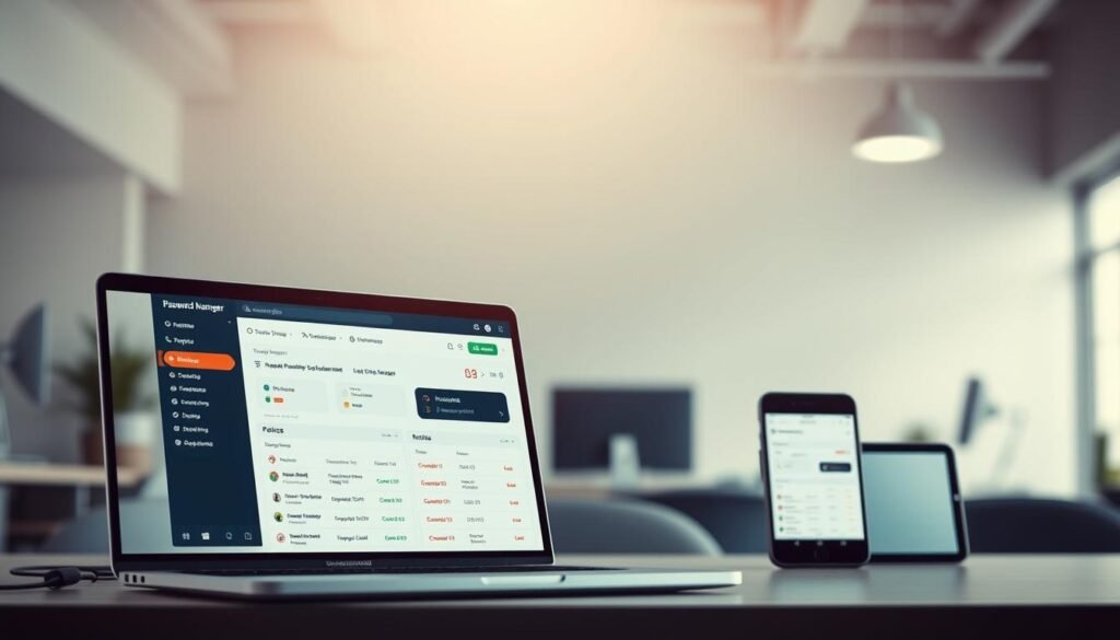 A sleek and minimalist password manager app interface, set against a clean, well-lit workspace. In the foreground, a laptop displays the password manager's user-friendly dashboard, showcasing intuitive organization of login credentials. The middle ground features a smartphone and tablet, syncing securely with the app. The background depicts a subtle, blurred office environment, conveying a sense of productivity and digital security. Soft, directional lighting from above illuminates the scene, creating depth and emphasizing the app's elegant design. The overall mood is one of efficiency, trust, and technological sophistication. A sleek and minimalist password manager app interface, set against a clean, well-lit workspace. In the foreground, a laptop displays the password manager's user-friendly dashboard, showcasing intuitive organization of login credentials. The middle ground features a smartphone and tablet, syncing securely with the app. The background depicts a subtle, blurred office environment, conveying a sense of productivity and digital security. Soft, directional lighting from above illuminates the scene, creating depth and emphasizing the app's elegant design. The overall mood is one of efficiency, trust, and technological sophistication.