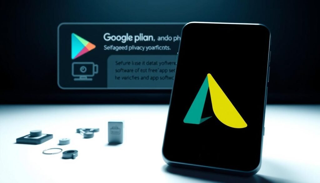 A sleek and modern mobile interface displaying a prominent Google Play logo, with a focus on security and privacy protections. In the foreground, stylized icons and graphics convey the idea of safeguarding user data and verifying app integrity. The middle ground features a subtle yet informative overlay highlighting the risks of "free" software and the importance of responsible app selection. The background is a clean, minimalist design, emphasizing the seriousness and trustworthiness of the Google Play platform. Lighting is soft and directional, creating depth and highlighting key elements. The overall mood is one of professionalism, security, and user empowerment.