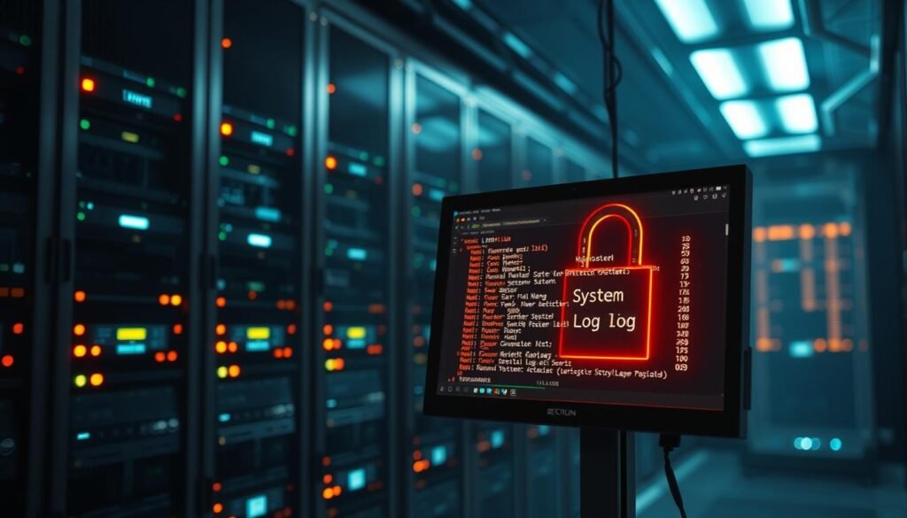 A sleek and secure computer server room with rows of racks and blinking lights. In the foreground, a detailed view of a hardened system log file displayed on a monitor, protected by intricate security measures. The background is dimly lit, with a sense of digital tranquility, emphasizing the importance of log integrity and the need for robust safeguarding against tampering. The image conveys a technical, yet visually appealing representation of the concepts discussed in the article section on securing system logs.