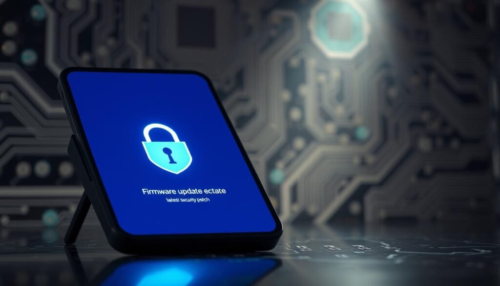 A sleek and secure smart device display, its screen illuminated by a soft blue glow. In the foreground, a firmware update icon pulses with a reassuring rhythm, signaling the latest security patch. The background features a complex circuit board, its intricate traces and components symbolizing the underlying technology. Gentle rays of light emanate from the display, casting a professional, high-tech atmosphere. The scene conveys the importance of keeping firmware current, with a focus on the seamless, automated nature of the update process for maximum device protection.