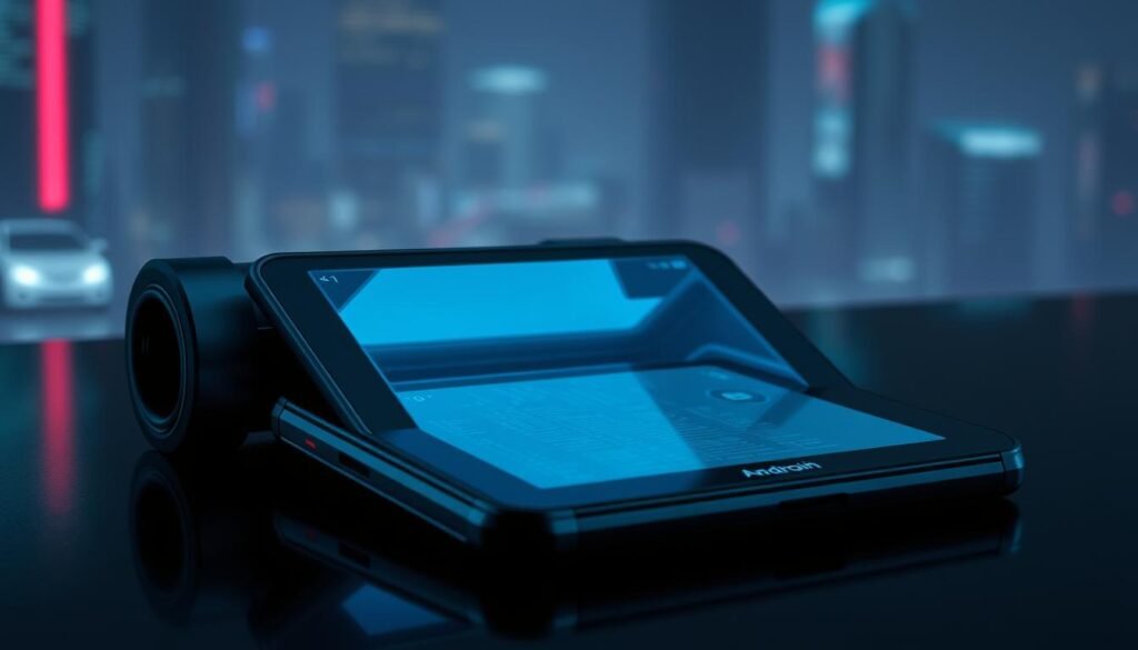 A sleek, futuristic android device rests on a dark, reflective surface, its minimalist design casting sharp shadows. The screen emits a faint glow, hinting at the complex software and potential vulnerabilities within. The device is bathed in cool, directional lighting, emphasizing its mechanical precision and the ever-present threat of digital intrusion. In the background, a hazy, neon-tinged cityscape suggests the connected, but perilous, world in which this device operates. The overall mood is one of technological wonder, but also cautious unease, reflecting the duality of Android's openness and the risks it poses.