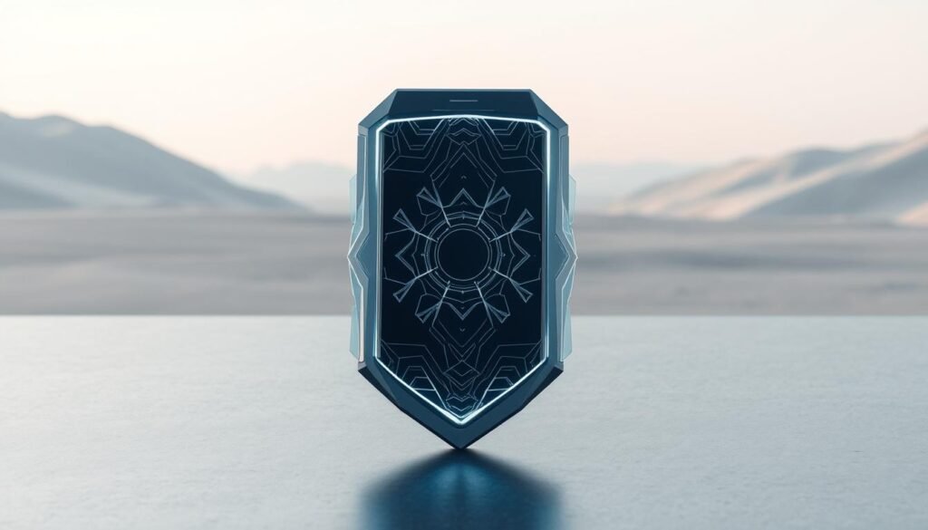 A sleek, futuristic smartphone encased in a protective shield, resting on a stark, metallic surface. The shield's intricate, geometric patterns glow with a soft, ethereal light, emanating a sense of security and technological prowess. In the background, a serene, minimalist landscape with clean, angular forms and muted tones, creating a sense of balance and focus. The overall composition conveys the idea of a powerful, resilient device shielded from potential threats, ready to withstand the digital challenges of the modern world.