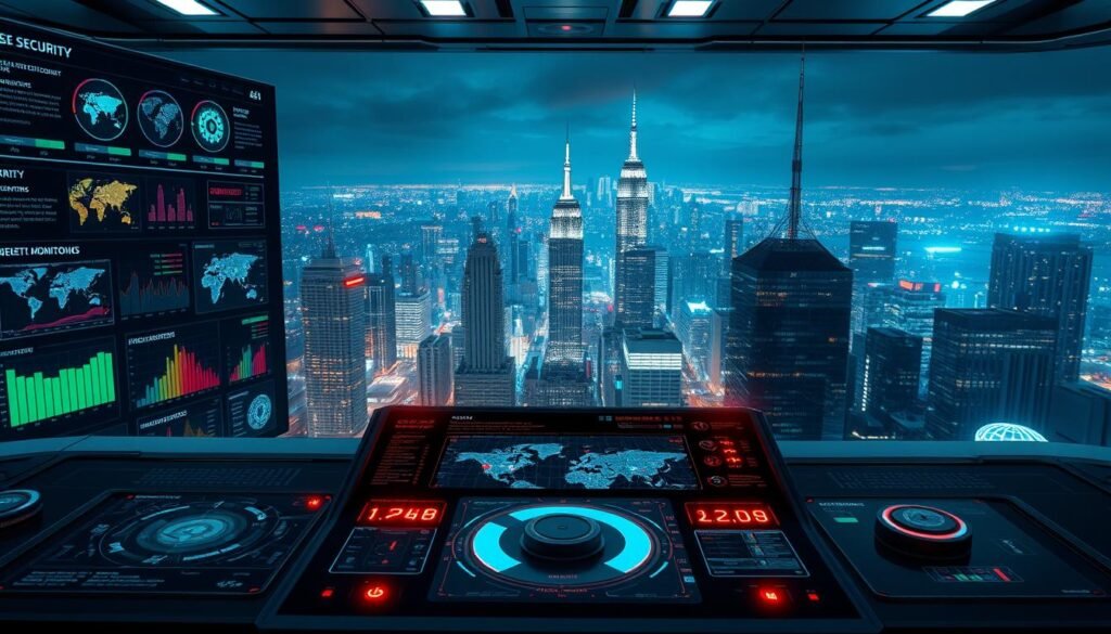 A sleek, high-tech security interface with dynamic data visualizations, holographic displays, and a futuristic control panel. The foreground features a central security dashboard with real-time threat monitoring, anomaly detection, and predictive analytics. The middle ground showcases a 3D map with color-coded cybersecurity threat levels across regions and industries. In the background, a panoramic view of a bustling metropolis at night, with skyscrapers illuminated by a cityscape of neon lights and digital security grids. The lighting is a balance of cool tones and warm highlights, creating an atmosphere of advanced, cutting-edge cybersecurity technology shaping the future of the digital landscape. A sleek, high-tech security interface with dynamic data visualizations, holographic displays, and a futuristic control panel. The foreground features a central security dashboard with real-time threat monitoring, anomaly detection, and predictive analytics. The middle ground showcases a 3D map with color-coded cybersecurity threat levels across regions and industries. In the background, a panoramic view of a bustling metropolis at night, with skyscrapers illuminated by a cityscape of neon lights and digital security grids. The lighting is a balance of cool tones and warm highlights, creating an atmosphere of advanced, cutting-edge cybersecurity technology shaping the future of the digital landscape.