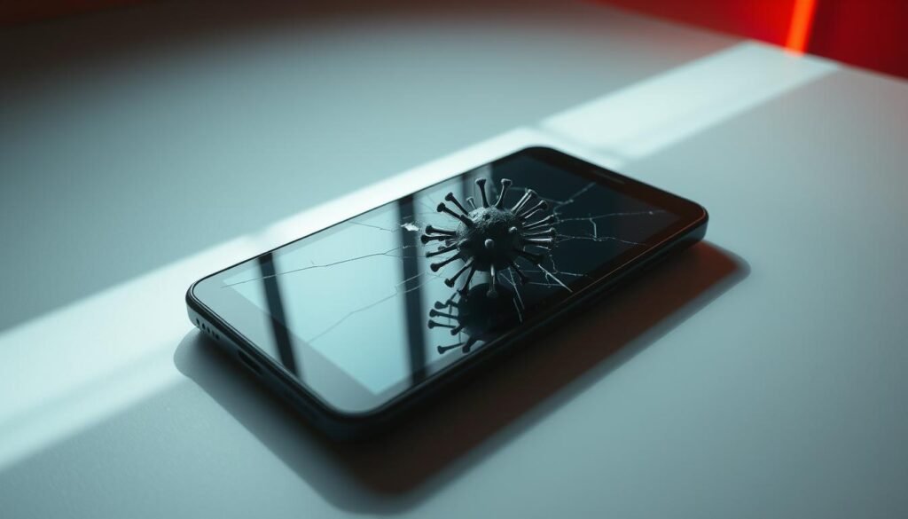 A sleek, midnight-black android device rests on a minimalist, matte-white surface, its sharp, geometric edges casting dramatic shadows under cool, directional lighting. The screen is cracked, a sinister web of fractures, hinting at the malicious intrusion that has compromised this once-pristine technology. In the foreground, a digital virus slinks across the display, its tendrils probing the device's vulnerable circuits. The background is shrouded in an ominous, rust-colored haze, evoking a sense of danger and the urgent need to contain the threat before it can spread further.