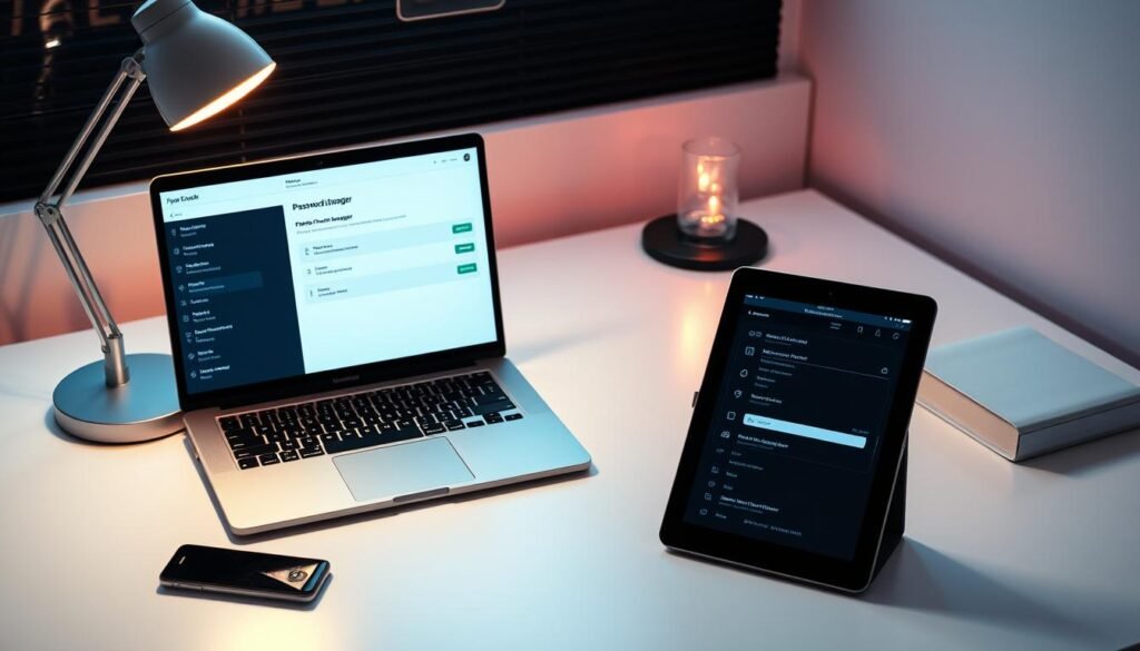 A sleek, minimalist desk setup with a modern laptop and tablet prominently displayed, showcasing a password manager application interface. The scene is well-lit, with a soft, warm glow from a desk lamp illuminating the workspace. The desktop is neatly organized, with only essential items present, conveying a sense of professionalism and efficiency. The password manager's user interface should be clearly visible, highlighting its intuitive design and secure functionality. The overall atmosphere should exude a sense of trust, reliability, and digital security, complementing the article's focus on offline password management strategies.