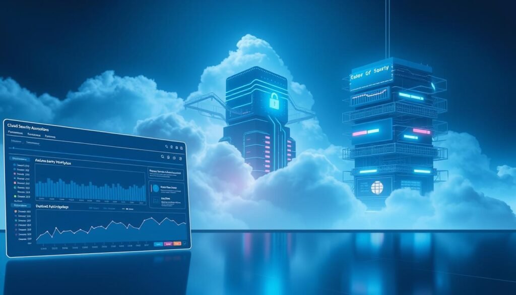 A sleek, minimalist interface depicting cloud security automation. In the foreground, a dynamic dashboard showcases real-time security metrics, with intuitive visualizations and analytics. The middle ground features automated security workflows, with virtual agents deploying security updates and responding to alerts seamlessly. In the background, a towering cloud infrastructure is secured by layered defenses, firewalls, and encryption protocols, all working in harmony to protect against misconfigurations and vulnerabilities. The scene is bathed in a soft, cool-toned lighting, conveying a sense of control, efficiency, and reliable protection for cloud-based assets. A sleek, minimalist interface depicting cloud security automation. In the foreground, a dynamic dashboard showcases real-time security metrics, with intuitive visualizations and analytics. The middle ground features automated security workflows, with virtual agents deploying security updates and responding to alerts seamlessly. In the background, a towering cloud infrastructure is secured by layered defenses, firewalls, and encryption protocols, all working in harmony to protect against misconfigurations and vulnerabilities. The scene is bathed in a soft, cool-toned lighting, conveying a sense of control, efficiency, and reliable protection for cloud-based assets.