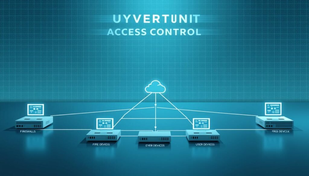 A sleek, minimalist network diagram with clean, geometric shapes representing network segmentation and zero trust access control. The foreground features stylized icons for firewalls, routers, and user devices, arranged in a secure, tiered layout. The middle ground showcases interconnected network zones with dynamic access policies. The background depicts a subtle grid pattern, conveying the structured, layered nature of the security architecture. The overall aesthetic is cool-toned, with muted grays, blues, and whites, projecting a sense of technological sophistication and robust access control. Crisp lighting accentuates the distinct components, creating depth and emphasizing the secure, compartmentalized design.