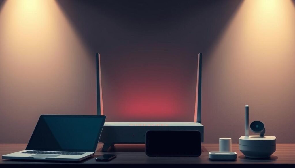 A sleek, minimalist router firewall stands at the center of the frame, its smooth casing and LED indicators glowing softly against a backdrop of muted greys and blues. The device is bathed in a warm, indirect light, casting subtle shadows that highlight its clean, geometric design. In the foreground, a few household electronics - a laptop, smartphone, and smart home device - are subtly positioned, emphasizing the firewall's role in securing the connected home. The overall atmosphere is one of quiet efficiency and reliable protection, conveying a sense of safety and control over the domestic digital landscape. A sleek, minimalist router firewall stands at the center of the frame, its smooth casing and LED indicators glowing softly against a backdrop of muted greys and blues. The device is bathed in a warm, indirect light, casting subtle shadows that highlight its clean, geometric design. In the foreground, a few household electronics - a laptop, smartphone, and smart home device - are subtly positioned, emphasizing the firewall's role in securing the connected home. The overall atmosphere is one of quiet efficiency and reliable protection, conveying a sense of safety and control over the domestic digital landscape.