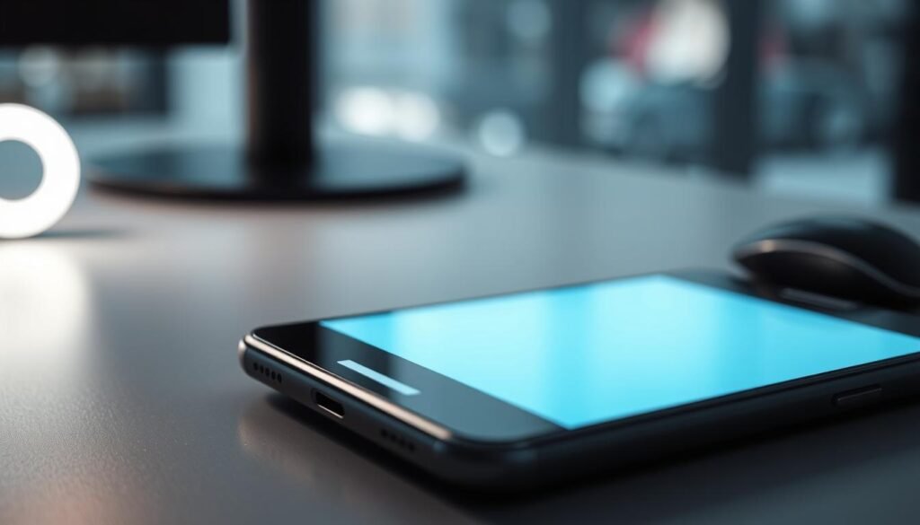 A sleek, modern Android device placed on a minimalist desk, capturing the focus of the image. The device's screen is illuminated, casting a soft glow across the surface, hinting at the importance of digital safety and security. The background is blurred, drawing the viewer's attention to the device. The lighting is subtle and directional, creating a sense of depth and highlighting the device's clean lines and premium design. The overall mood is one of professionalism and attention to detail, reflecting the CISO's approach to teaching digital safety without relying on invasive spyware.