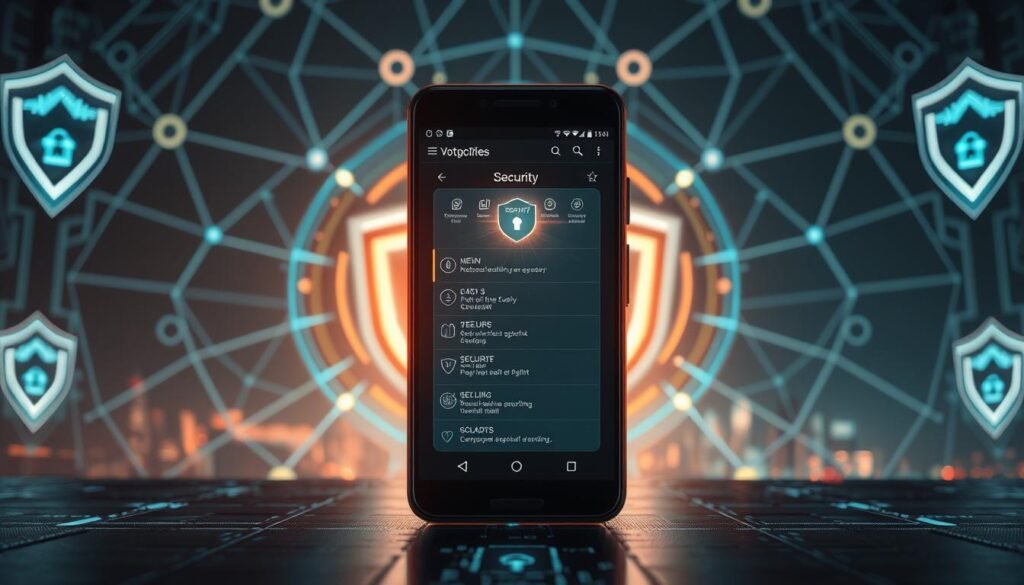 A sleek, modern Android device standing resolute against a backdrop of interconnected digital security shields. The device is illuminated by a warm, soft light, casting a reassuring glow. In the foreground, a translucent, holographic display shows various security metrics and options, beckoning the user to engage with the protective measures. The middle ground features intricate geometric patterns, representing the multilayered defense systems safeguarding the device. In the background, a subtle, abstract cityscape suggests the broader digital landscape, emphasizing the importance of personal device security. The overall atmosphere conveys a sense of reliable, cutting-edge protection for the user's digital privacy and data.