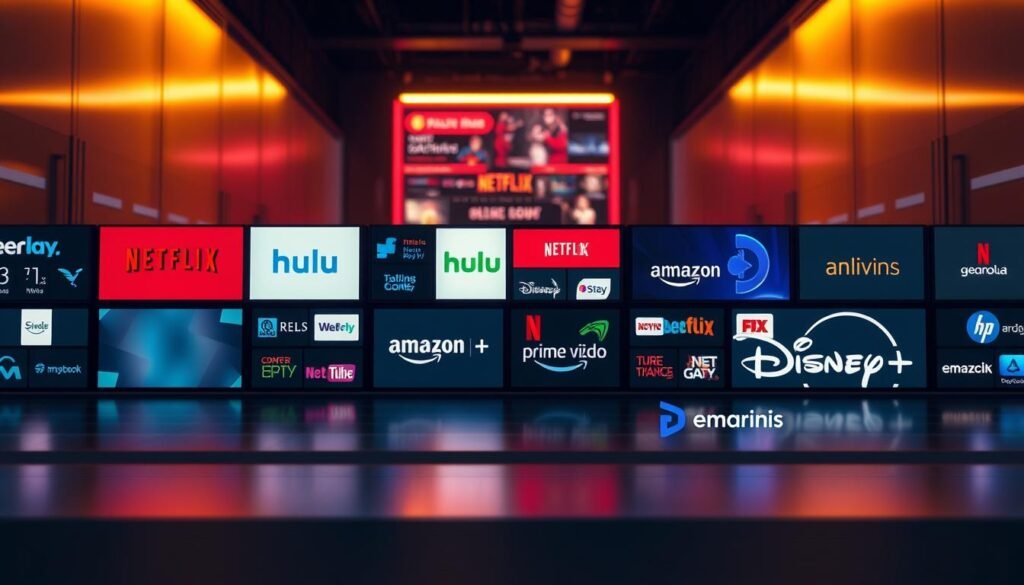 A sleek, modern array of streaming service icons and logos arranged in a dynamic, visually appealing layout. The foreground features prominent displays of popular platforms like Netflix, Hulu, Amazon Prime Video, and Disney+, each with their distinct branding and color schemes. The middle ground showcases subtler representations of emerging services, while the background subtly hints at the technological infrastructure powering these digital content hubs. Warm, diffused lighting creates a sense of accessibility and user-friendliness, inviting the viewer to explore the diverse offerings of the modern media landscape. The overall composition conveys the idea of a secure, private, and high-performance access to a vast array of streaming entertainment options.