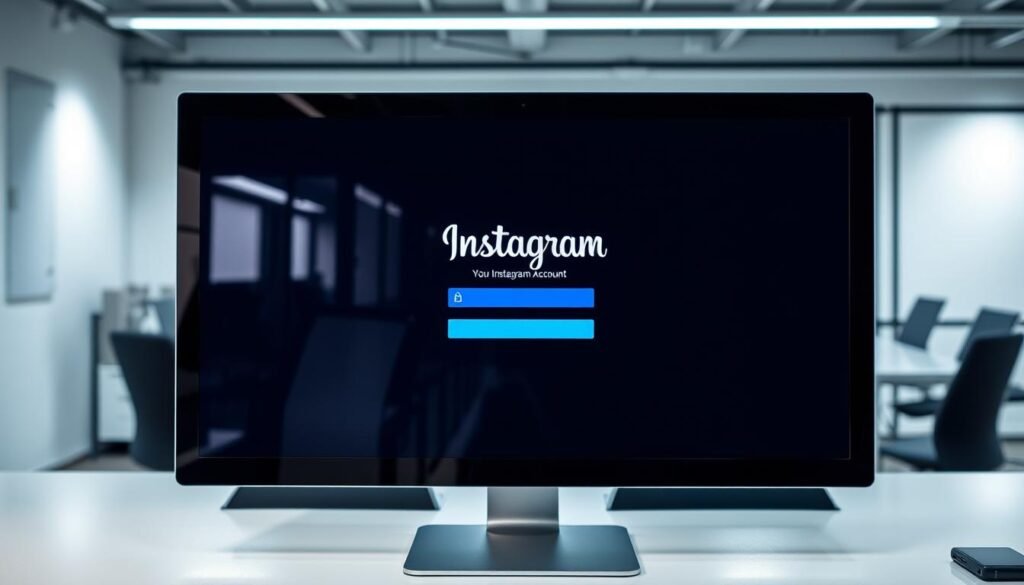 A sleek, modern computer screen displaying an Instagram login interface, its icons and layout meticulously detailed. The screen is positioned on a minimalist desk, surrounded by a clean, well-lit office environment. Subtle reflections dance across the screen's surface, conveying a sense of digital security and technological sophistication. The lighting is soft and balanced, creating an atmosphere of professionalism and trustworthiness. The overall composition emphasizes the importance of safeguarding one's Instagram account in the digital age, with a focus on the user interface and the secure environment in which it is situated.