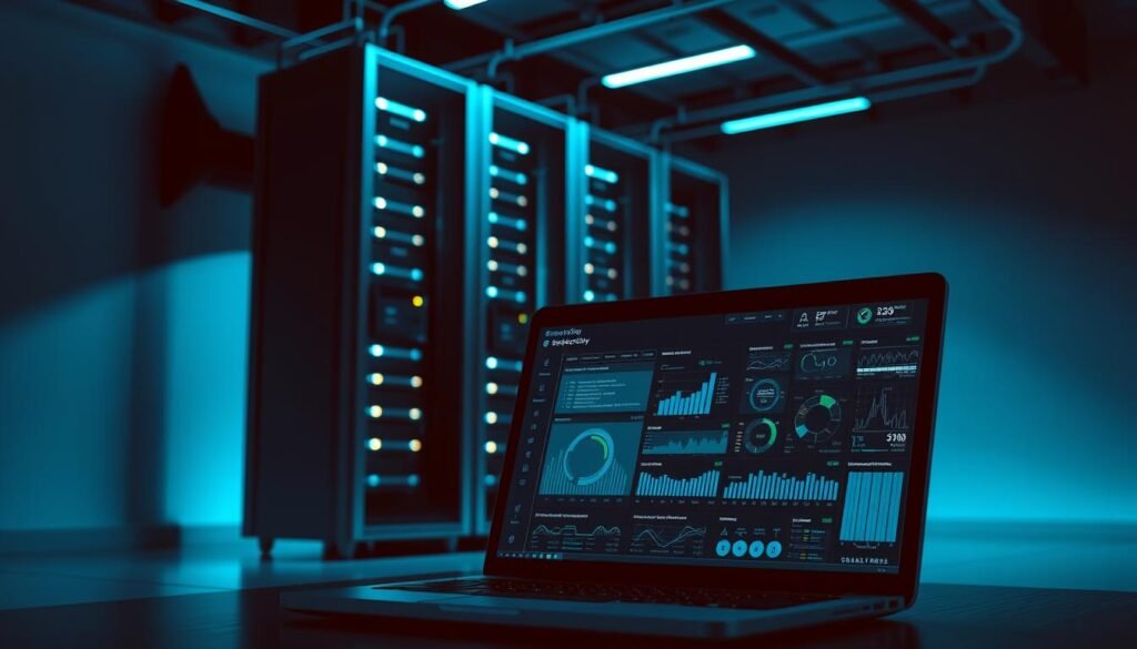 A sleek, modern data center server rack stands in a dimly lit room, its blinking lights and metal chassis casting long shadows. The room is bathed in a cool, blue-tinted glow, creating an atmosphere of high-tech security and data protection. In the foreground, a laptop screen displays a complex security dashboard, with graphs, charts, and status indicators illustrating the comprehensive monitoring and safeguarding of the network. The overall scene conveys a sense of vigilance, precision, and the critical importance of safeguarding sensitive digital information. A sleek, modern data center server rack stands in a dimly lit room, its blinking lights and metal chassis casting long shadows. The room is bathed in a cool, blue-tinted glow, creating an atmosphere of high-tech security and data protection. In the foreground, a laptop screen displays a complex security dashboard, with graphs, charts, and status indicators illustrating the comprehensive monitoring and safeguarding of the network. The overall scene conveys a sense of vigilance, precision, and the critical importance of safeguarding sensitive digital information.