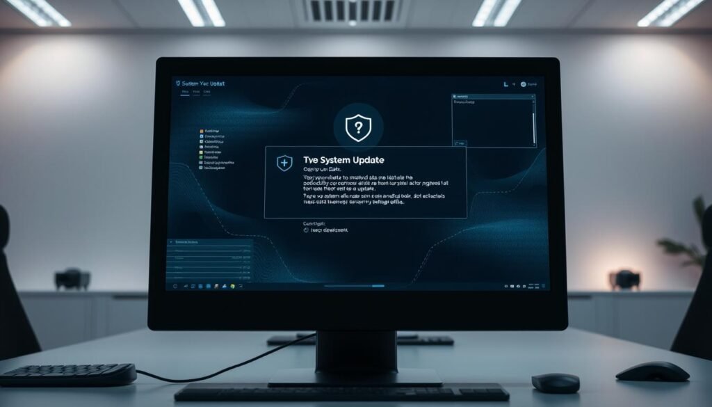 A sleek, modern desktop computer with a high-resolution display, showcasing a system update screen. The screen displays a security-focused interface, with clear icons and visual cues indicating the importance of keeping the system up-to-date. The surrounding environment is a minimalist, well-lit office setting, with subtle hints of technology and sophistication. The lighting is soft and even, creating a sense of professionalism and attention to detail. The camera angle is slightly elevated, providing a clear, unobstructed view of the screen and the overall scene. The mood is one of focus, responsibility, and the importance of maintaining a secure and well-managed digital environment.