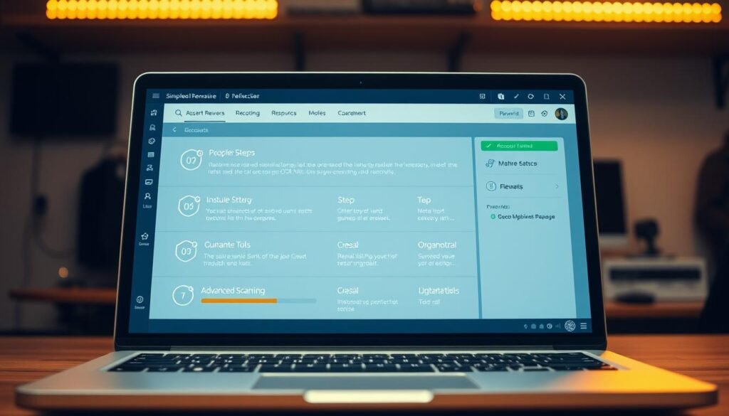 A sleek, modern laptop screen displaying a comprehensive malware removal interface. In the foreground, a series of simple, intuitive steps guide the user through the recovery process, with progress bars and status indicators keeping them informed. The middle ground features advanced scanning and quarantine tools, highlighting the powerful yet accessible nature of the software. In the background, a minimalist desktop environment exudes a sense of control and professionalism, creating a calming atmosphere for the user to focus on the task at hand. Bright, indirect lighting casts a warm, inviting glow over the scene, conveying a sense of confidence and reliability in the malware removal experience.