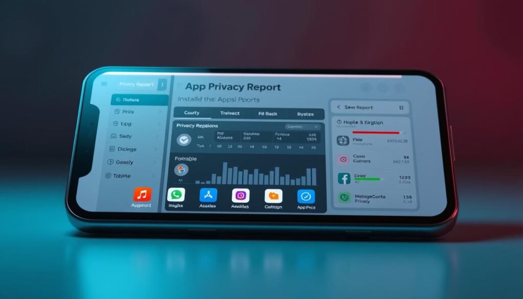A sleek, modern mobile device display showcasing a detailed "App Privacy Report" dashboard. The screen is illuminated by soft, directional lighting, creating a sense of focus and clarity. In the foreground, a series of app icons are presented, with visual indicators highlighting potential privacy concerns. The middle ground features a neatly organized data visualization, allowing the user to quickly assess the privacy impact of installed applications. The background is a subtle, abstract gradient, emphasizing the digital and technological nature of the scene. The overall atmosphere is one of informative, data-driven transparency, empowering the user to make informed decisions about their device's privacy.