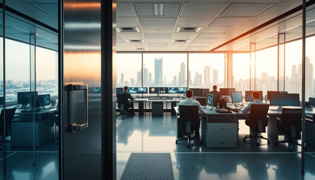 A sleek, modern office interior with a focus on security measures. In the foreground, a sturdy metal security door stands guard, its surface gleaming under the bright, directional lighting. Behind the door, a busy workspace comes into view, with employees diligently working at their desks, surrounded by state-of-the-art computer equipment and monitors displaying real-time security feeds. The middle ground features a central security control panel, its array of buttons and screens providing a visual representation of the comprehensive security system in place. In the background, a panoramic window offers a view of a bustling city skyline, underscoring the importance of this secure facility in the larger context of the urban landscape.