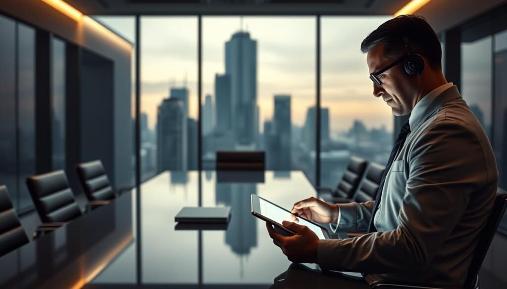 A sleek, modern office setting with a large conference table and comfortable chairs. In the foreground, a professional business executive is intently reviewing a tablet device, likely a BYOD (Bring Your Own Device) used for enterprise-level management and security controls. Subtle lighting creates a warm, authoritative atmosphere. The background features a towering skyline, reflecting the high-stakes corporate environment. The overall scene conveys the gravity of enterprise-grade device management, balancing productivity and security in a digital landscape.