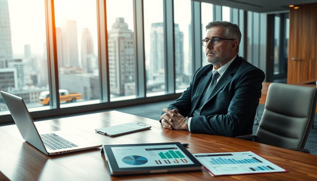 A sleek, modern office setting with a large wooden desk and ergonomic chairs. On the desk, a laptop, a folder labeled "Penetration Testing", and a tablet displaying a data visualization dashboard. In the foreground, a senior executive in a crisp suit sits thoughtfully, hands clasped. Soft, directional lighting creates depth and highlights the pensive expression. The background features floor-to-ceiling windows overlooking a bustling cityscape, conveying a sense of business acumen and strategic decision-making. An atmosphere of professionalism and analytical focus permeates the scene.