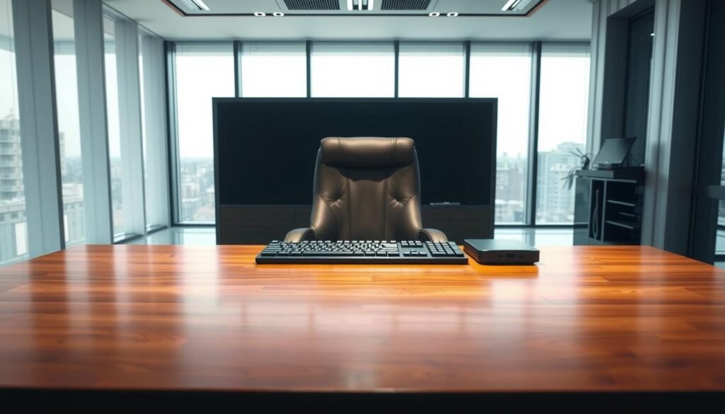 A sleek, modern office space with a large, polished wooden desk in the foreground. On the desk, a high-end desktop computer and a keyboard, conveying a sense of authority and privilege. The middle ground features a plush leather office chair, subtly signifying the importance of the user. In the background, floor-to-ceiling windows allow natural light to flood the room, creating a bright and professional atmosphere. The lighting is soft and even, with a slight hint of warm tones, suggesting a well-maintained and well-equipped work environment. The overall composition emphasizes the concept of "privileged access," hinting at the exclusive nature of the workspace.
