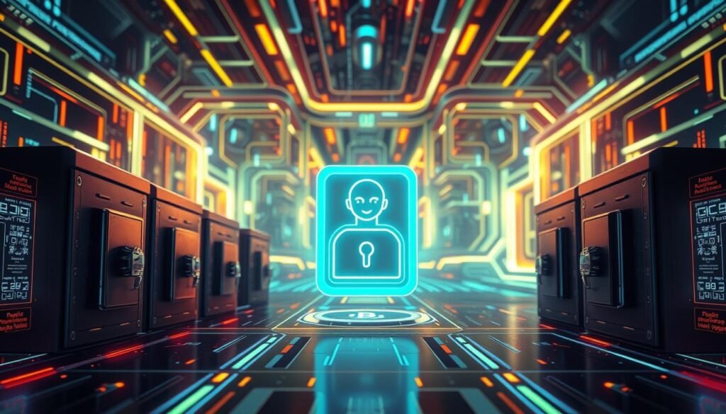 A sleek, modern password manager app interface, showcasing robust security features. In the foreground, a series of password vaults with biometric locks, symbolizing the secure storage of sensitive login credentials. In the middle ground, a 3D authentication animation, perhaps a face ID or fingerprint scan, emphasizing the advanced verification methods. The background depicts a futuristic cybersecurity landscape, with glowing data streams and encrypted network pathways, conveying the powerful cryptographic safeguards underlying the password manager's functionality. The overall scene exudes a sense of technological sophistication and unwavering data protection, challenging the notion that password managers are inherently unsafe.