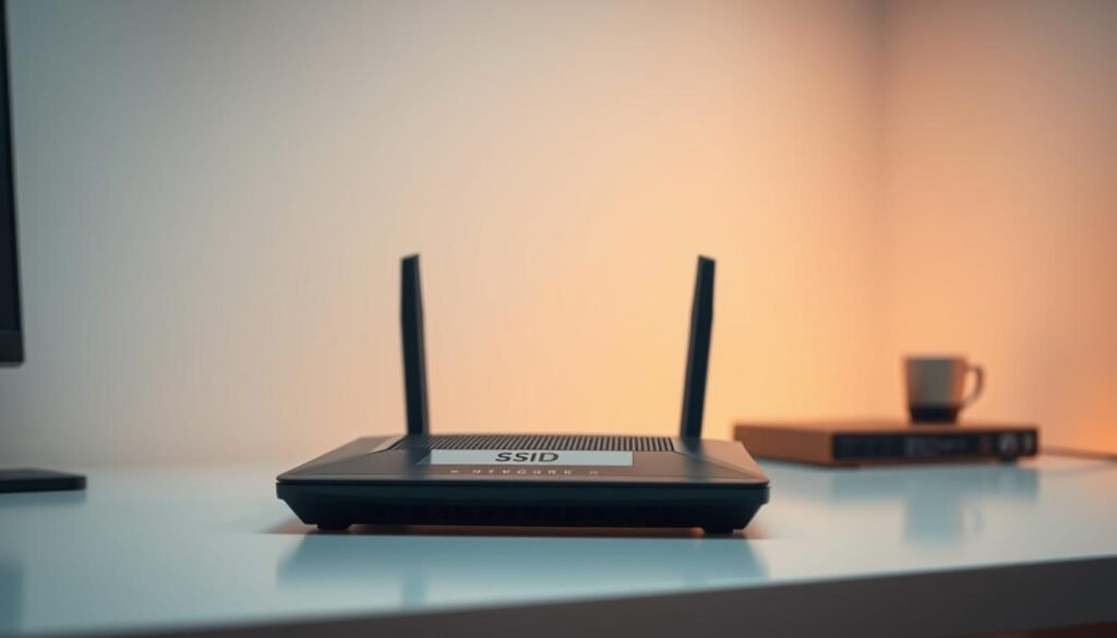 A sleek, modern router sitting on a minimalist desk, its SSID prominently displayed on the device's screen. Soft, diffused lighting illuminates the scene, creating a warm and inviting atmosphere. The router's simple, streamlined design stands out against a blurred, clean background, drawing the viewer's attention to the SSID as the focal point. The angle is slightly elevated, providing a clear view of the router's top panel and its network configuration details. The overall mood is one of simplicity, efficiency, and a sense of secure connectivity. A sleek, modern router sitting on a minimalist desk, its SSID prominently displayed on the device's screen. Soft, diffused lighting illuminates the scene, creating a warm and inviting atmosphere. The router's simple, streamlined design stands out against a blurred, clean background, drawing the viewer's attention to the SSID as the focal point. The angle is slightly elevated, providing a clear view of the router's top panel and its network configuration details. The overall mood is one of simplicity, efficiency, and a sense of secure connectivity.