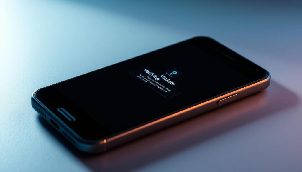 A sleek, modern smartphone screen displays a "Verifying Update" dialog box, its interface conveying a sense of security and reliability. The screen is illuminated by soft, directional lighting, casting subtle shadows that add depth and dimensionality. The background is a minimalist, gradient-based environment, allowing the device to take center stage. The overall atmosphere is one of diligence and caution, encouraging the viewer to carefully consider the implications of software updates before proceeding.