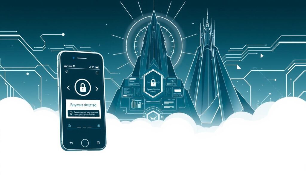A sleek, monochrome cybersecurity illustration showcasing the process of detecting, removing, and hardening against mobile app spyware. In the foreground, a smart device screen displays a "Spyware Detected" warning, with stylized security icons and glyphs. The middle ground features a futuristic, geometric interface displaying analytics and system diagnostics. In the background, a towering, angular data fortress radiates an aura of digital protection, with abstract shapes and lines conveying the idea of fortified privacy and security. The scene is bathed in a cool, subdued color palette, creating a tense, high-tech atmosphere.