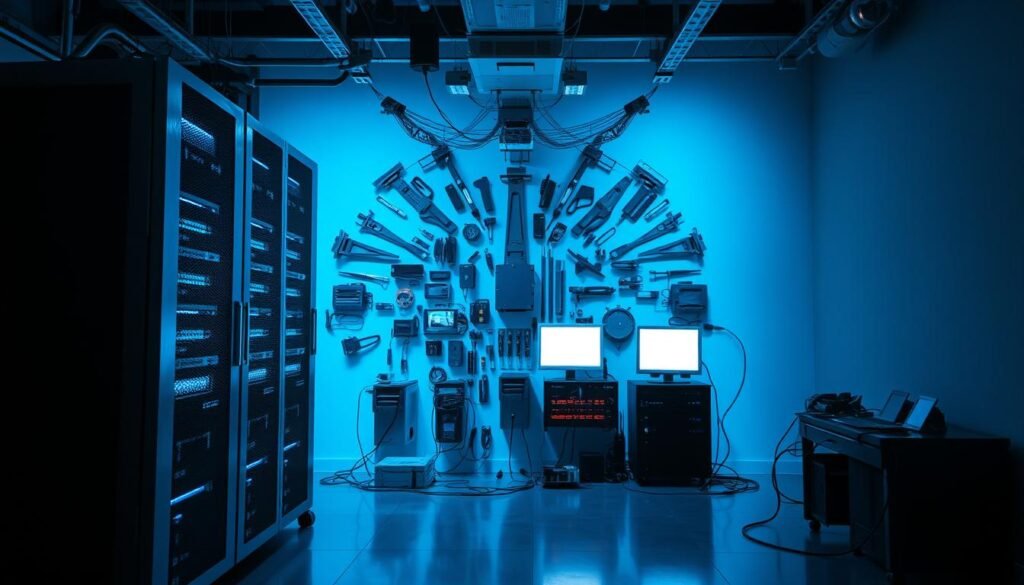 A sleek, silver-toned server rack stands prominently in the foreground, its carefully-arranged hardware components glowing with an authoritative presence. In the middle ground, a constellation of neatly-organized tools, cables, and diagnostic equipment radiates outward, suggesting a meticulously curated workflow. The background is bathed in a cool, blue-tinged lighting, creating a sense of clinical precision and technological mastery. Shadows cast by the equipment lend depth and dimensionality, while the overall composition conveys a feeling of validation, security, and unwavering control over the digital landscape.