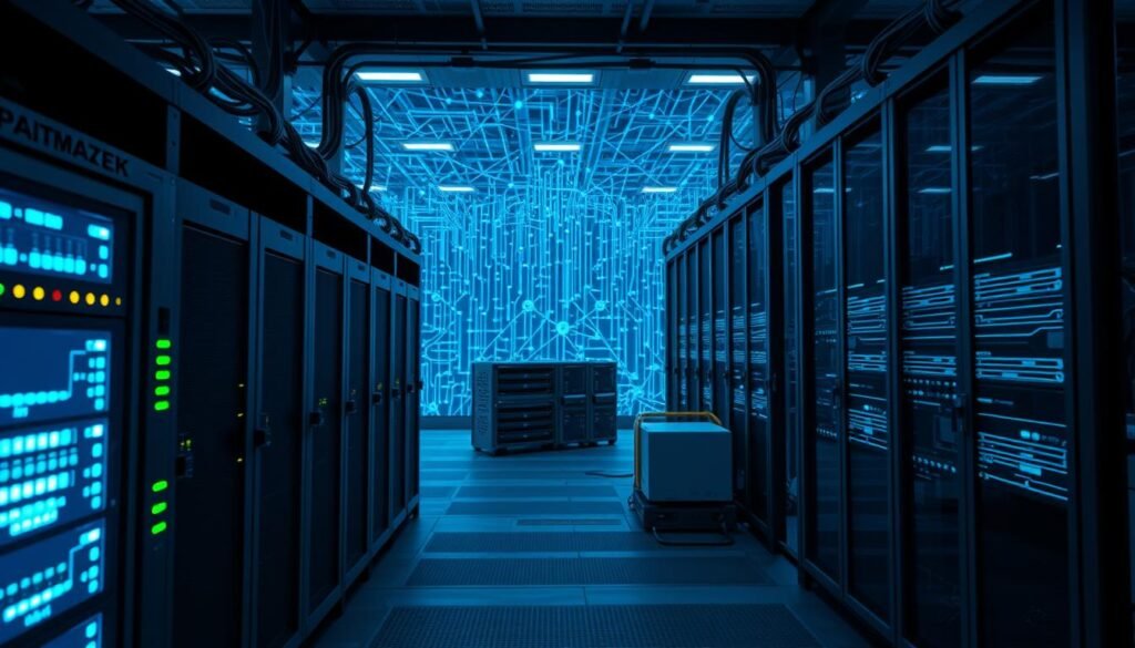 A sleek, well-secured computer network infrastructure with high-tech cybersecurity measures in place. In the foreground, an elegant, futuristic firewall system with glowing blue and green indicators, monitoring network traffic. In the middle ground, a cluster of interconnected servers and switches, their metallic casings reflecting the ambient lighting. In the background, a matrix of digital security protocols and algorithms, represented by a mesmerizing array of interconnected lines and shapes, conveying the complexity and dynamism of modern network defense. The lighting is cool and subdued, creating an atmosphere of calm, controlled efficiency - a testament to the robust security measures safeguarding this vital digital landscape.