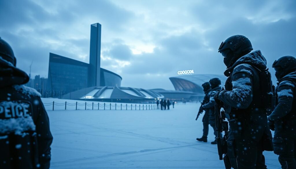 A snow-covered landscape at dusk, bathed in a cold, ominous light. In the foreground, a group of security personnel in tactical gear, their faces obscured by helmets, stand vigilant, scanning the horizon. In the middle ground, the towering, angular architecture of the Olympic venues, their glass facades reflecting the gathering storm. In the background, an overcast sky, the clouds heavy with the promise of more snow. The atmosphere is tense, the air thick with a sense of unease, as if the stage is set for a technological tempest to unfold. A snow-covered landscape at dusk, bathed in a cold, ominous light. In the foreground, a group of security personnel in tactical gear, their faces obscured by helmets, stand vigilant, scanning the horizon. In the middle ground, the towering, angular architecture of the Olympic venues, their glass facades reflecting the gathering storm. In the background, an overcast sky, the clouds heavy with the promise of more snow. The atmosphere is tense, the air thick with a sense of unease, as if the stage is set for a technological tempest to unfold.