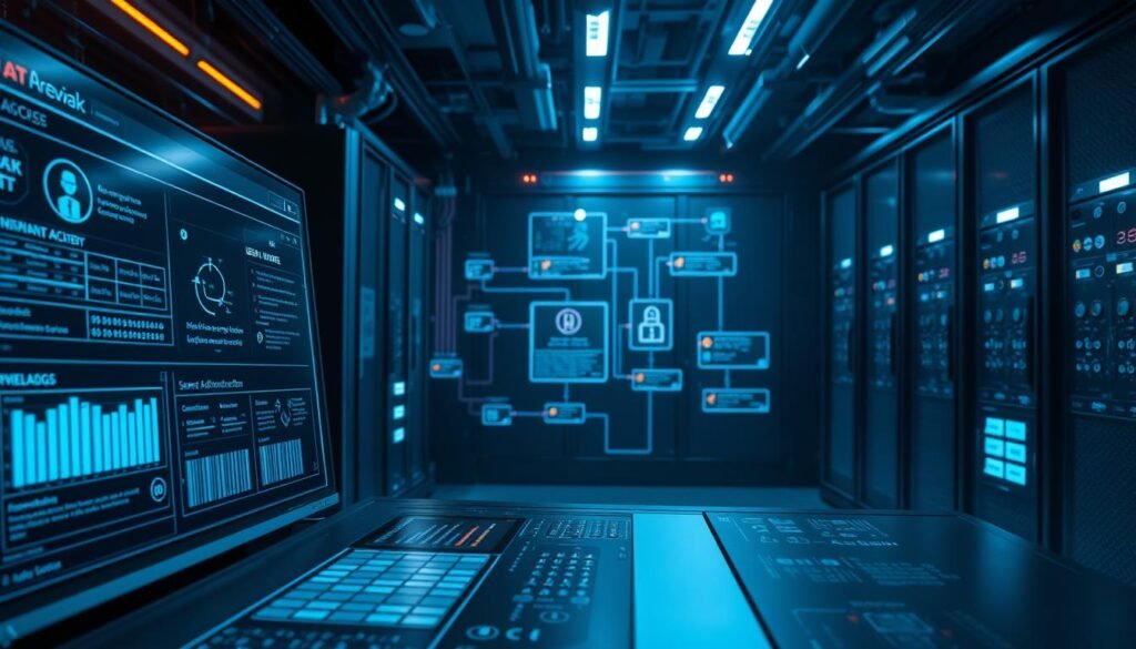 A sophisticated cybersecurity interface featuring multiple security layers and access controls. In the foreground, a sleek dashboard displays real-time user authentication and authorization details. The middle ground showcases a complex network topology with encrypted data flows, biometric scanners, and multifactor authentication prompts. In the background, a dimly lit server room exudes an atmosphere of technical complexity and high-stakes security. Dramatic lighting and strategic camera angles create a sense of depth and technological prowess, fitting the "identity and access management" theme. A sophisticated cybersecurity interface featuring multiple security layers and access controls. In the foreground, a sleek dashboard displays real-time user authentication and authorization details. The middle ground showcases a complex network topology with encrypted data flows, biometric scanners, and multifactor authentication prompts. In the background, a dimly lit server room exudes an atmosphere of technical complexity and high-stakes security. Dramatic lighting and strategic camera angles create a sense of depth and technological prowess, fitting the "identity and access management" theme.
