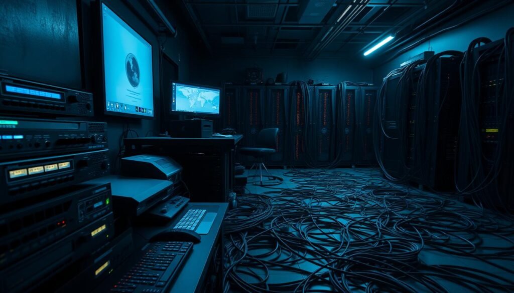 A sophisticated network monitoring setup in a dimly lit server room. In the foreground, various hardware devices are arranged neatly - routers, switches, and monitoring consoles with glowing displays. The middle ground features a raised platform with a bank of high-performance computers, their LED lights casting a soft glow. In the background, a complex tangle of cables and wires snake across the floor, leading to a large server rack silhouetted against a dark, moody backdrop. The scene is illuminated by a combination of task lighting and ambient overhead lighting, creating a professional, technical atmosphere. The overall composition conveys a sense of control, efficiency, and the importance of proactive network management.
