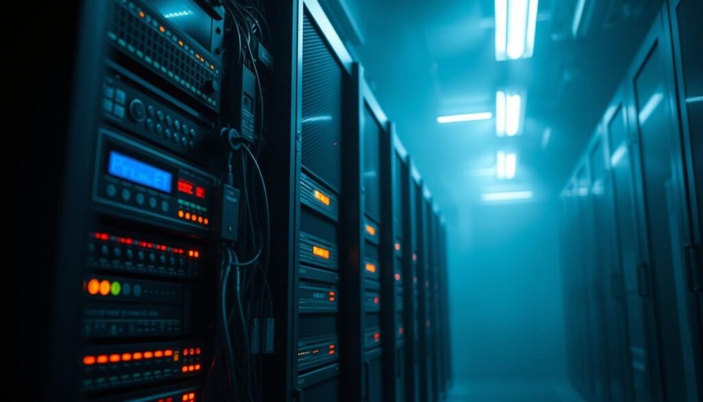 A sophisticated server rack stands in a dimly lit data center, its blinking lights casting an eerie glow. The rack is adorned with various cybersecurity measures, including firewalls, intrusion detection systems, and access control panels. The foreground is sharp and detailed, while the background fades into a hazy, industrial atmosphere, conveying a sense of vigilance and protection. The scene is illuminated by cool, directional lighting, emphasizing the technological elements and creating a sense of professionalism and seriousness. The overall mood is one of diligence and security, reflecting the importance of server hardening in safeguarding critical digital infrastructure. A sophisticated server rack stands in a dimly lit data center, its blinking lights casting an eerie glow. The rack is adorned with various cybersecurity measures, including firewalls, intrusion detection systems, and access control panels. The foreground is sharp and detailed, while the background fades into a hazy, industrial atmosphere, conveying a sense of vigilance and protection. The scene is illuminated by cool, directional lighting, emphasizing the technological elements and creating a sense of professionalism and seriousness. The overall mood is one of diligence and security, reflecting the importance of server hardening in safeguarding critical digital infrastructure.