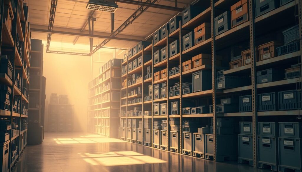 A spacious, well-organized storage area with neatly stacked shelves, crates, and boxes. Soft, warm lighting illuminates the scene, casting subtle shadows that create depth and dimension. The shelves are meticulously arranged, with labels and color-coded containers, suggesting a methodical approach to organizing digital files and software updates. The background has a clean, minimalist aesthetic, with a neutral color palette that allows the organized storage to take center stage. The overall atmosphere conveys a sense of control, efficiency, and preparedness, reflecting the need to carefully manage software updates on an iPhone before installation.
