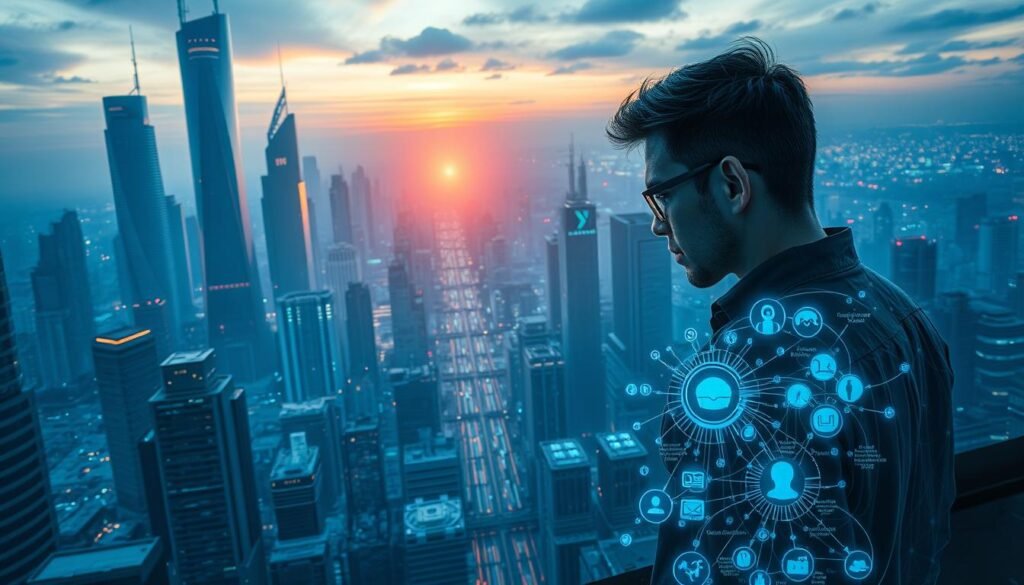 A sprawling cityscape at dawn, with towering skyscrapers and a bustling digital infrastructure. In the foreground, a lone developer gazes intently at a holographic display, navigating a web of API endpoints. The middle ground is a maze of interconnected servers, cables, and security protocols. In the background, a vast network of cloud services and IoT devices pulsates with data. The scene is bathed in a cool, azure glow, conveying a sense of technological depth and complexity. Crisp details, a wide depth of field, and a slightly elevated camera angle create an immersive, bird's-eye view of the API discovery process. A sprawling cityscape at dawn, with towering skyscrapers and a bustling digital infrastructure. In the foreground, a lone developer gazes intently at a holographic display, navigating a web of API endpoints. The middle ground is a maze of interconnected servers, cables, and security protocols. In the background, a vast network of cloud services and IoT devices pulsates with data. The scene is bathed in a cool, azure glow, conveying a sense of technological depth and complexity. Crisp details, a wide depth of field, and a slightly elevated camera angle create an immersive, bird's-eye view of the API discovery process.
